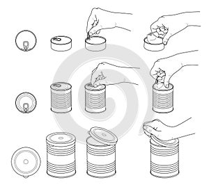 Hand collection. Hands open various  tin cans.  Set of various tin cans with key, ring and plastic lid.