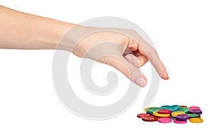 Hand with colorful sewing buttons, decoration accessory
