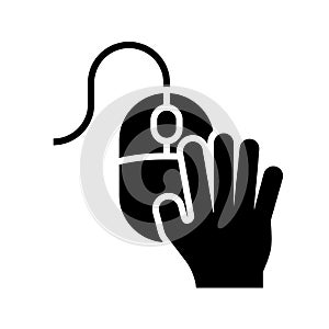 Hand on computer mouse black icon on white background