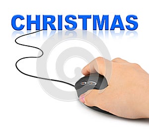 Hand with computer mouse and Christmas