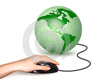 Hand with computer mouse and green globe Vector