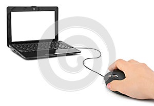 Hand with computer mouse and notebook