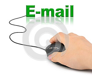 Hand with computer mouse and word E-mail