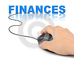 Hand with computer mouse and word Finances