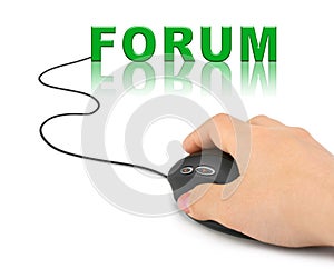 Hand with computer mouse and word Forum