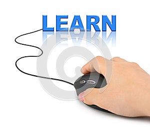 Hand with computer mouse and word Learn