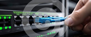 The hand connecting a blue Ethernet cable to a network server. AI generated image
