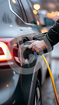 Hand connecting an electric car to a charging station