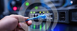 The hand connecting an Ethernet cable to a modern network server. AI generated image