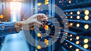 Hand Connecting Network Cable in Server Room with Digital Data Flow