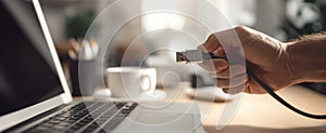 The hand connecting a USB cable to a laptop in a cozy workspace. AI generated image