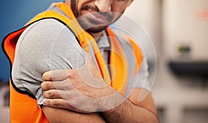Hand, construction worker and arm pain from building, handyman injury or maintenance stress. Sad, safety and a person