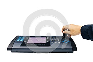 Hand on the control panel keyboard for monitor CCTV camera or pl