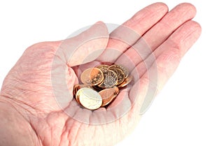 Hand with copper coins on white