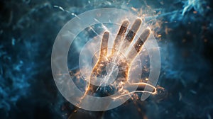 Hand with cosmic energy streams and particles against a dark, nebulous background