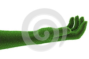 Hand cover by grass, mother nature concept. Hand reaching. empty, arm and hand. 3D rendering. full of grass or made of green field