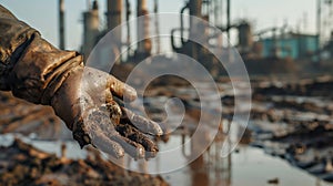 a hand covered in pollution with industrial chimneys in the background