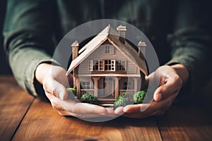 Hand covering an example house as a symbol of home insurance and protection AI Generated