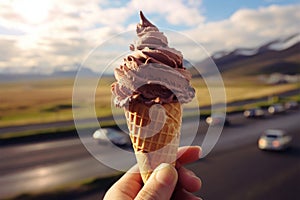 Hand cradles Icelandic soft serve, dipped in hot chocolate, scenic backdrop