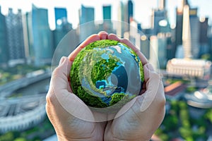 Hand cradling a green planet Earth against a blurred cityscape backdrop photo