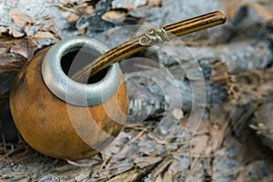 Hand Crafted Artisanal Yerba Mate Tea Leather Calabash Gourd with Straw on Wood Logs in Forest. Travel Wanderlust Concept. Earthy photo