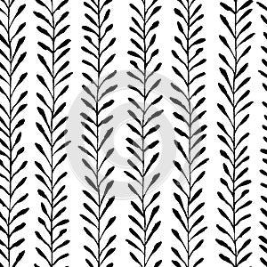 Hand crafted Black and white ethnic seamless pattern with botanical motifs. Vector background with brush ink dots. Simple floral