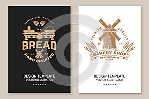 Hand crafted bread, bakery shop flyer, brochure, banner, poster. Vector Design with dough, hop and balance scale