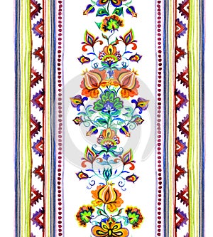 Hand crafted ethnic art of Eastern Europe - seamless frame with ornamental flowers and stripes. Watercolor