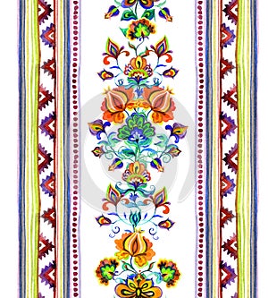 Hand crafted ethnic art of Eastern Europe - seamless frame with ornamental flowers and stripes. Watercolor photo