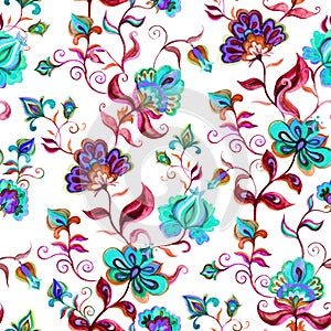Hand crafted native motifs at light ground - seamless floral background with intricate flowers. Watercolor art photo