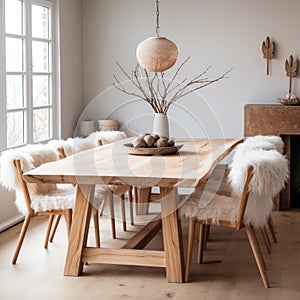 Hand crafted natural wood dining table and chairs. Scandinavian home interior design of modern living room