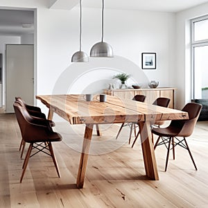 Hand crafted natural wood dining table and chairs. Scandinavian home interior design of modern living room