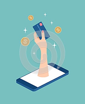 Hand with credit card coming out of lying isometric smartphone and gold coins around. Mobile banking or online shopping concept