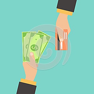 Hand with credit card and hand with cash