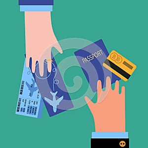 Hand with credit card pay for flight ticket