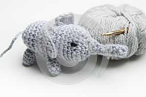 Hand crocheted elephant with wool, crochet needle