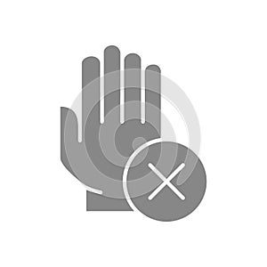 Hand with cross checkmark grey icon. Hygiene, human protection, upper extremity symbol