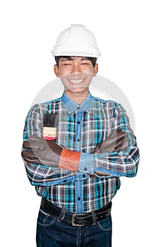 Hand cross of engineer holding paint brush wear Striped shirt blue and glove leather with white safety helmet plastic On the head