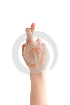 Hand with crossed fingers on white background