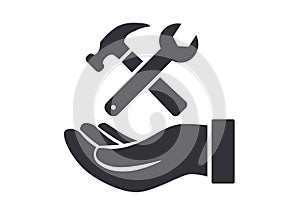 Hand with crossed wrench and hammer tools icon
