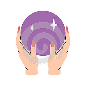 Hand with crystal ball, magic ball. October creepy holiday, Halloween party. Vector illustration.