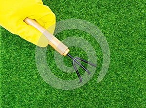 Hand cultivator in a gloved hand against a lawn background