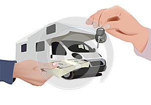 Hand with currency and hand with trade keys photo