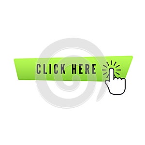 Hand cursor with animation of action over green button with text click here on white background. Web icons element. Vector