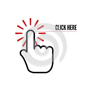 Hand cursor with animation of action and text click here on white background. Web icons element. Vector illustration