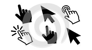 Hand cursor and arrow pointer icons vector set for digital interface design and user interaction elements