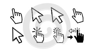 Hand cursor and arrow pointer icons vector set for user interface design and navigation elements