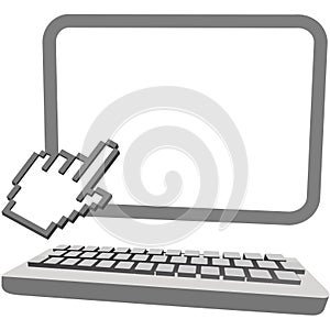 Hand cursor click on 3D computer monitor keyboard