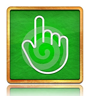 Hand cursor click icon chalk board green square button slate texture wooden frame concept isolated on white background with shadow