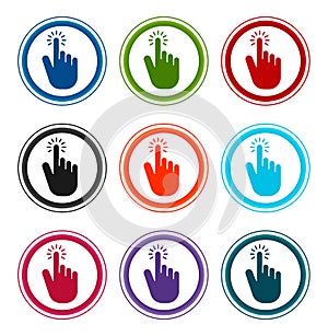 Hand cursor click icon flat round buttons set illustration design